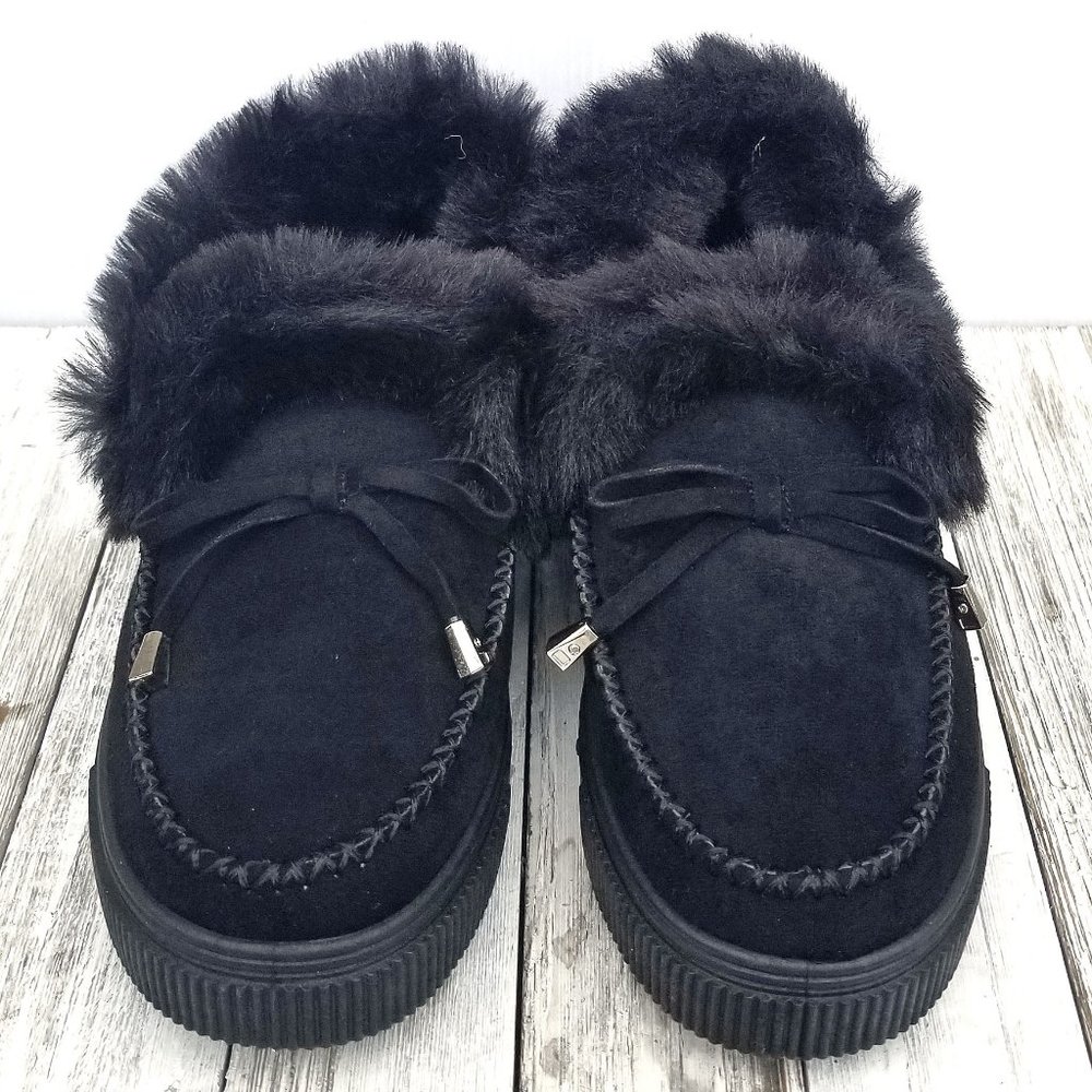New Black Furry Moccasin Slip on Slipper Loafers - Picture 2 of 5